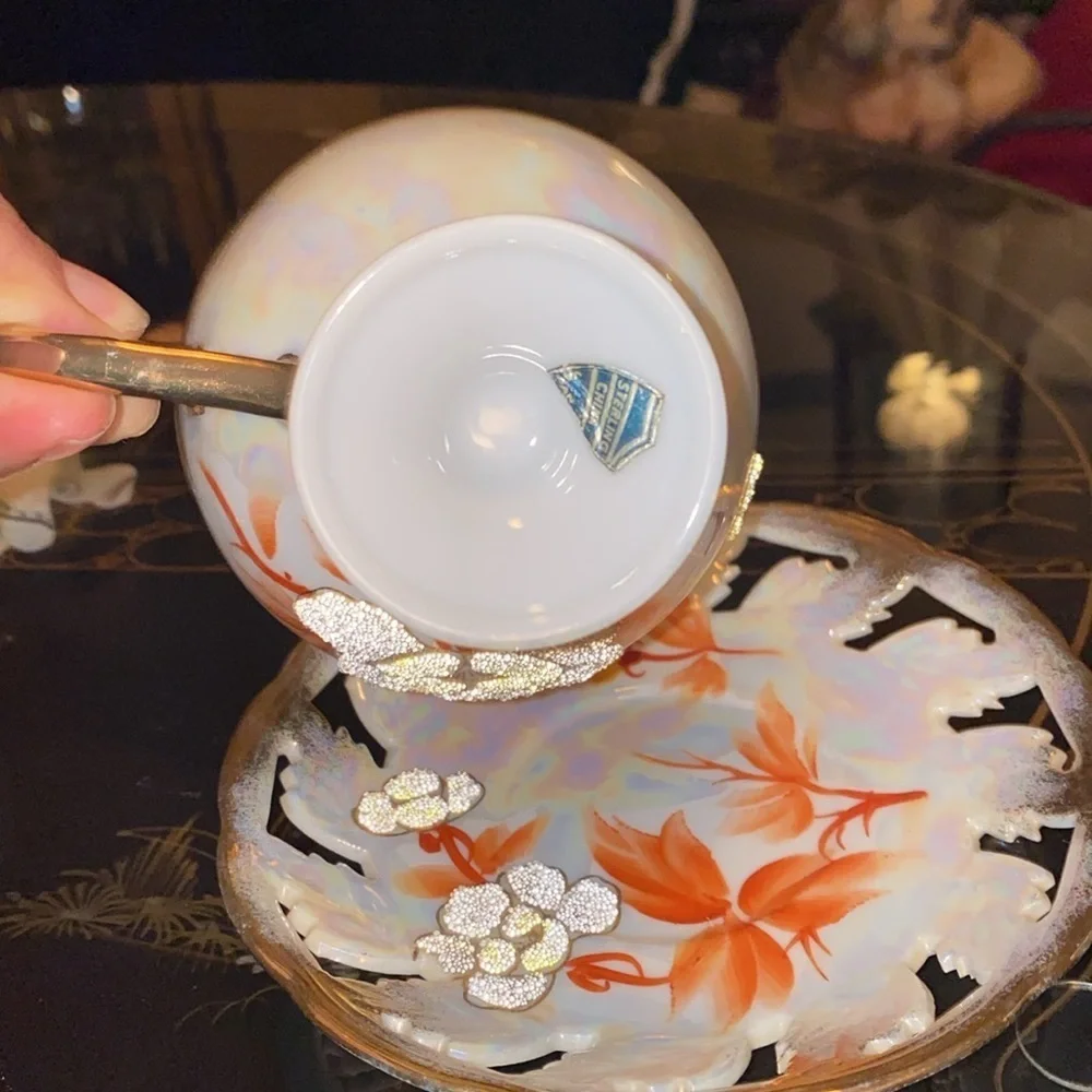 Vintage Japan Sterling China Iridescent Floral Textured Pansy Teacup & Saucer
